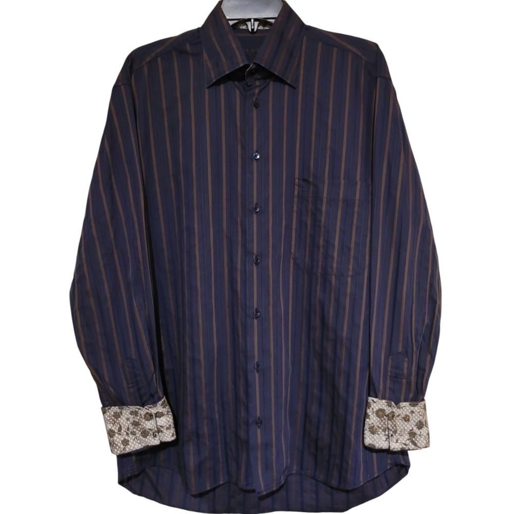 Lipson Black Line Men’s Large Long Sleeve Striped Shirt Navy, Patterned Cuffs